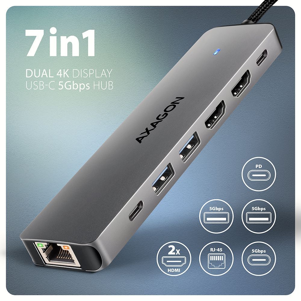 AXAGON HMC-7HX2 USB-C 5Gbps Dual 4K Display 7in1 Hub Aluminium