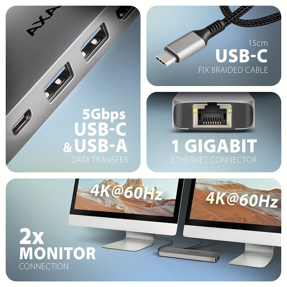 AXAGON HMC-7HX2 USB-C 5Gbps Dual 4K Display 7in1 Hub Aluminium