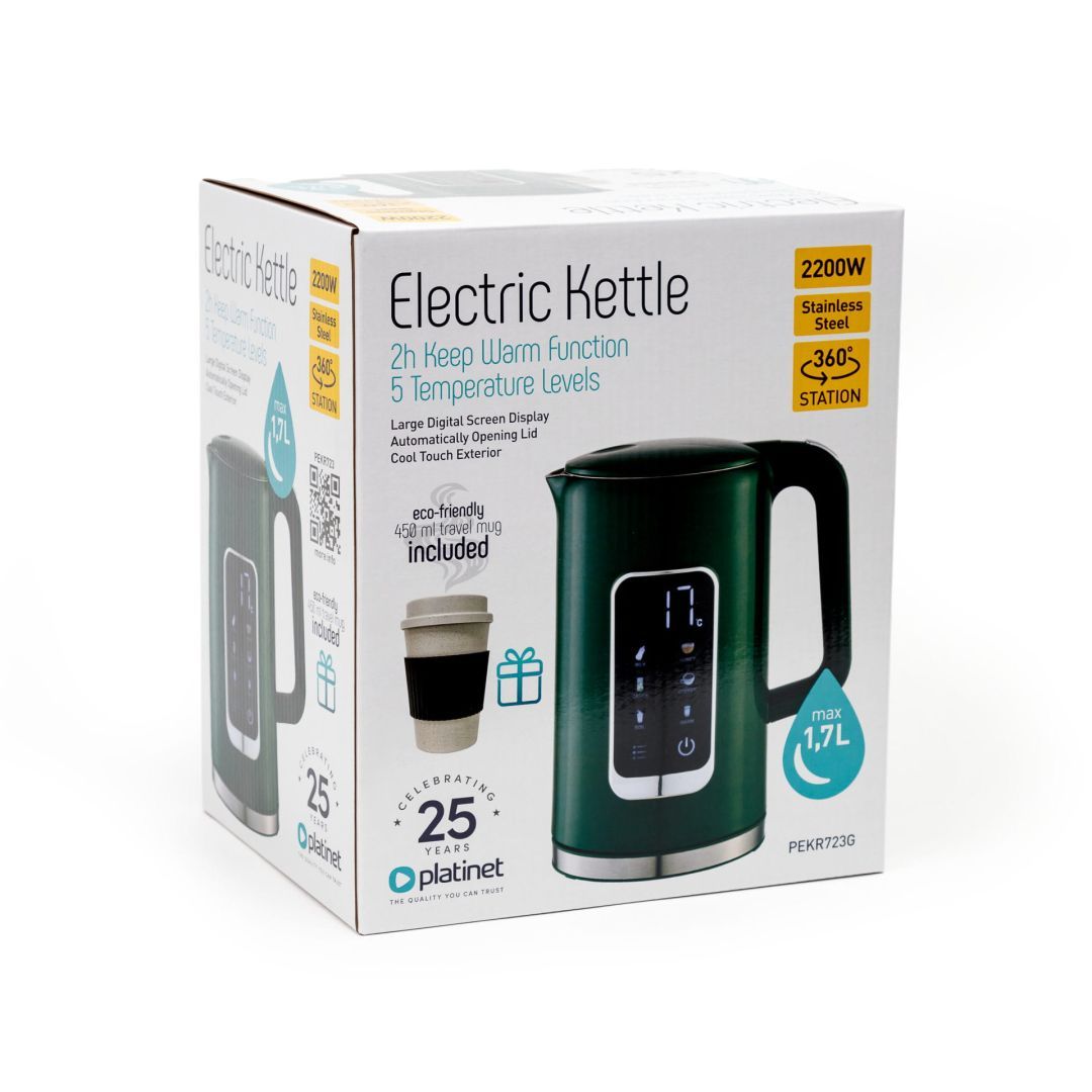 Platinet Kettle LCD Display 1,7L 5 Temperature SettingsS + 450ml Travel mug Olive Green