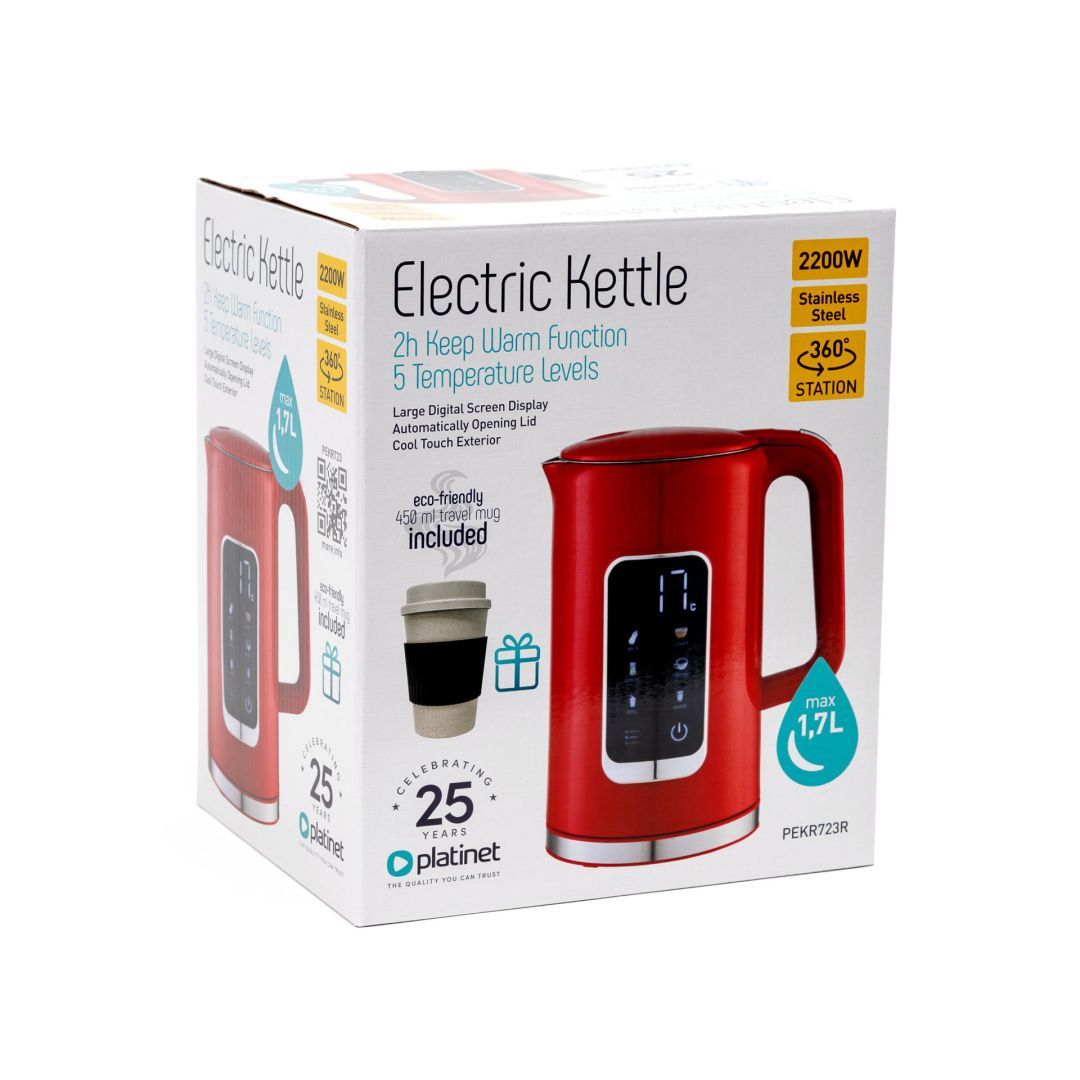 Platinet Kettle LCD Display 1,7L 5 Temperature SettingsS + 450ml Travel mug Burgundy Red