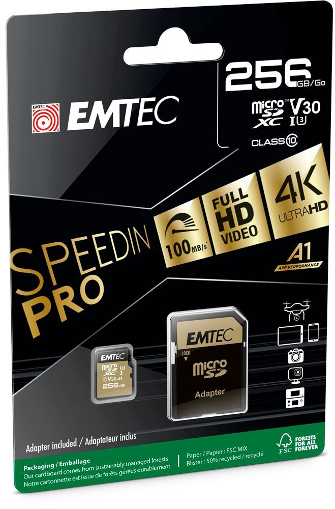 Emtec 256GB microSDXC SpeedIN Pro Class 10 U3 V30 A2 + adapterrel