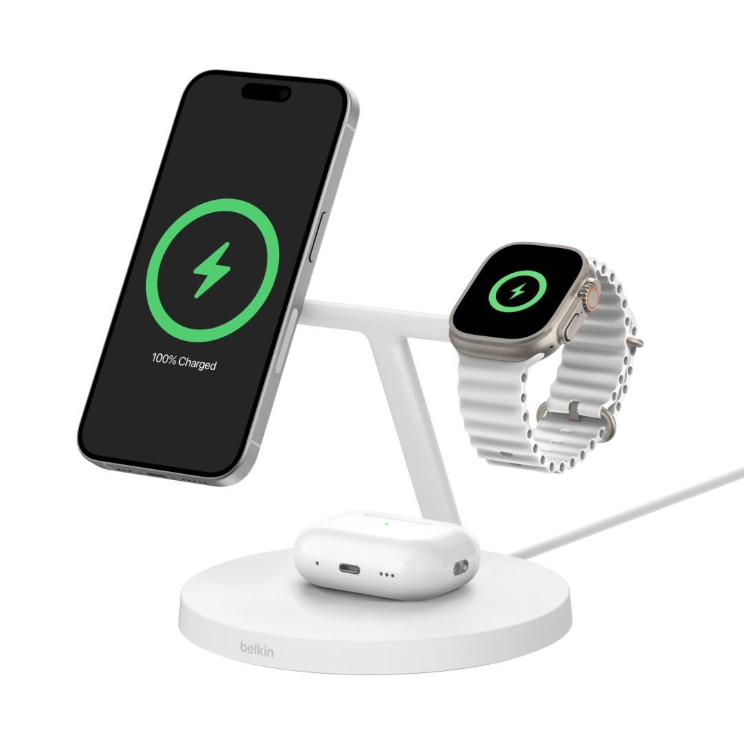 Belkin BoostCharge Pro 3-in-1 Wireless Charging Stand with Qi2 15W White