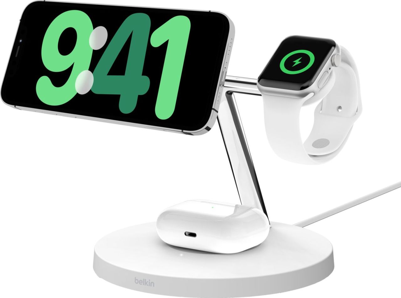 Belkin BoostCharge Pro 3-in-1 Wireless Charger Stand with Qi2 MagSafe 15W White