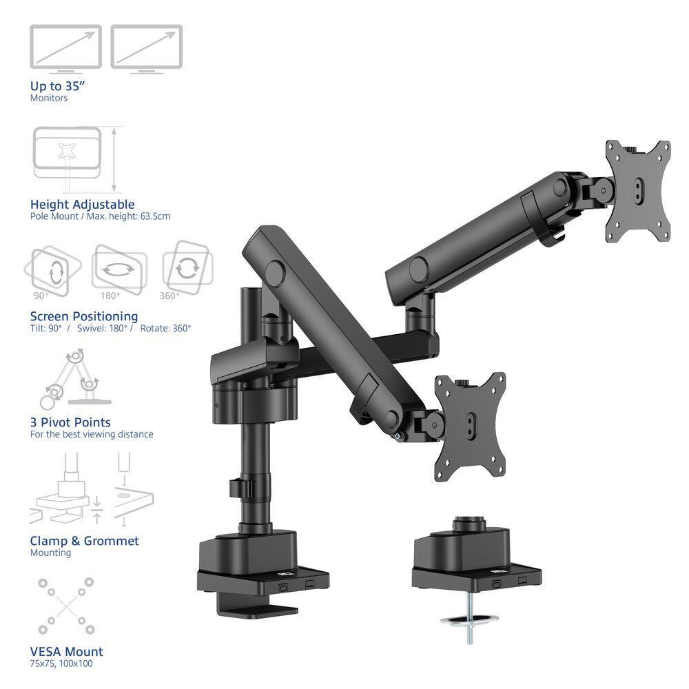 ACT AC8328 Dual monitor arm office solid pro, with mechanical spring ACT AC8328 Dual monitor arm office solid pro, with mechanical spring