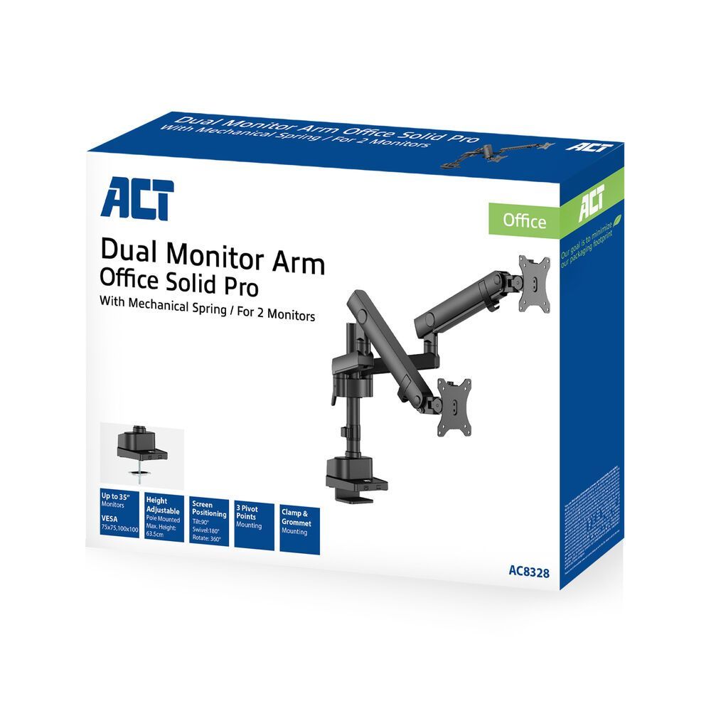 ACT AC8328 Dual monitor arm office solid pro, with mechanical spring ACT AC8328 Dual monitor arm office solid pro, with mechanical spring
