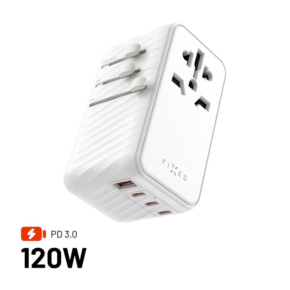 FIXED Voyager utazó adapter 3xUSB-C/1xUSB GaN 120W, fehér FIXED Voyager utazó adapter 3xUSB-C/1xUSB GaN 120W, fehér