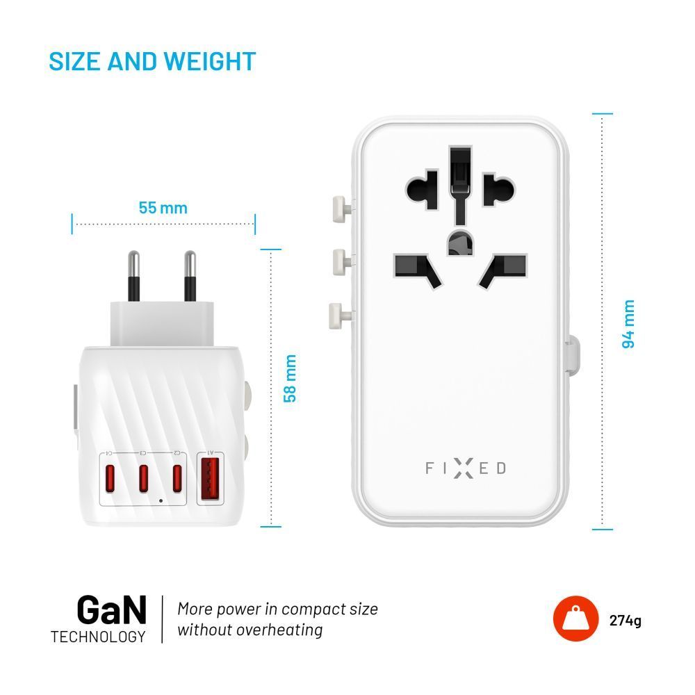 FIXED Voyager utazó adapter 4xUSB-C/1xUSB GaN 85W, fehér FIXED Voyager utazó adapter 4xUSB-C/1xUSB GaN 85W, fehér