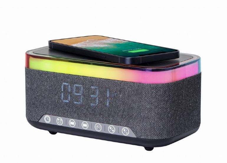 Gembird DAC-SPKBT-QC15-BK Digital alarm clock with speaker wireless charging function Black/Grey