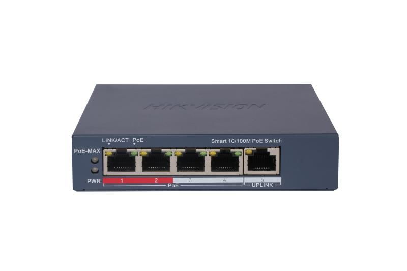 Hikvision Hikvision 5 portos PoE switch (60 W); 4 PoE + 1 uplink port; smart menedzselhető Hikvision Hikvision 5 portos PoE switch (60 W); 4 PoE + 1 uplink port; smart menedzselhető