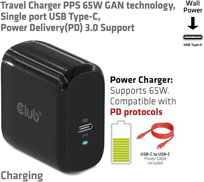 Club3D USB Charger Black+USB-C cable Red