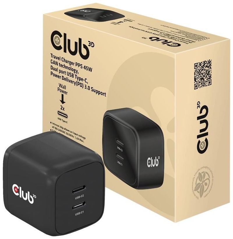 Club3D USB Charger Black+USB-C cable Red