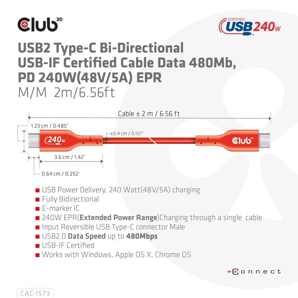 Club3D USB2 Type-C cable 2m Red Club3D USB2 Type-C cable 2m Red