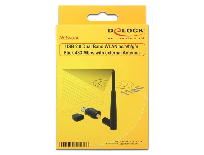 DeLock USB 2.0 Dual Band WLAN ac/a/b/g/n Stick 433 Mbps with external Antenna DeLock USB 2.0 Dual Band WLAN ac/a/b/g/n Stick 433 Mbps with external Antenna