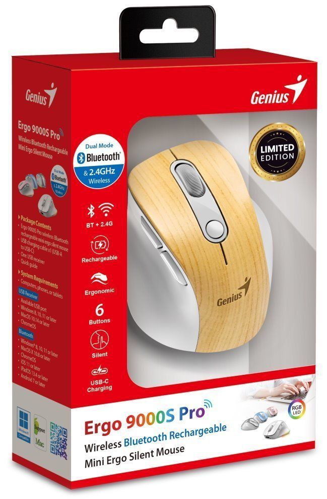Genius Ergo 9000S Pro Wireless Bluetooth Mouse Pine Wood