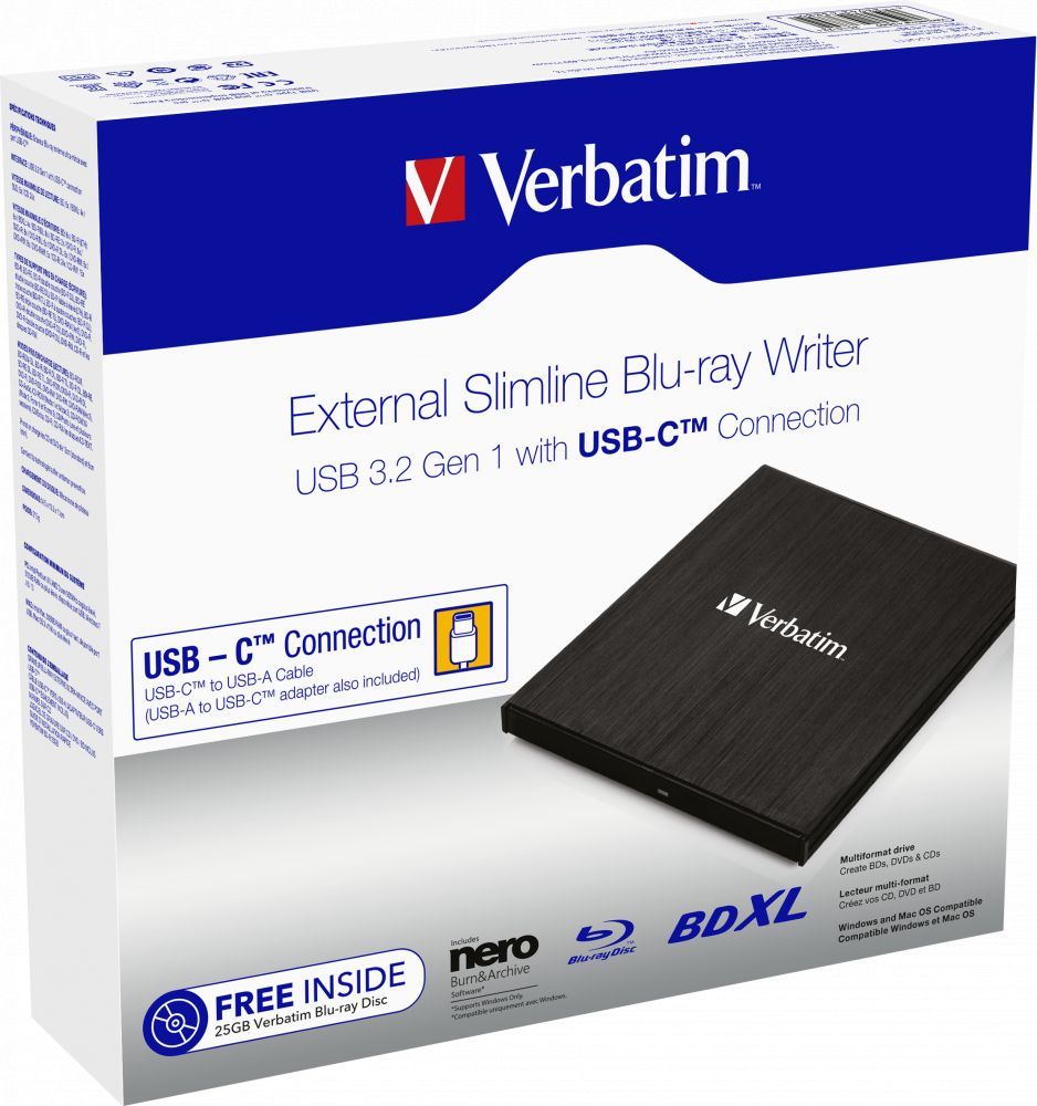 Verbatim External Slimline Blu-ray Writer Black BOX Verbatim External Slimline Blu-ray Writer Black BOX
