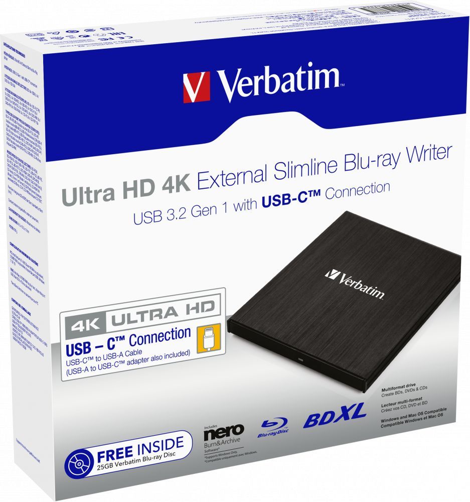 Verbatim Ultra HD 4K External Slimline Blu-ray Writer Black BOX Verbatim Ultra HD 4K External Slimline Blu-ray Writer Black BOX