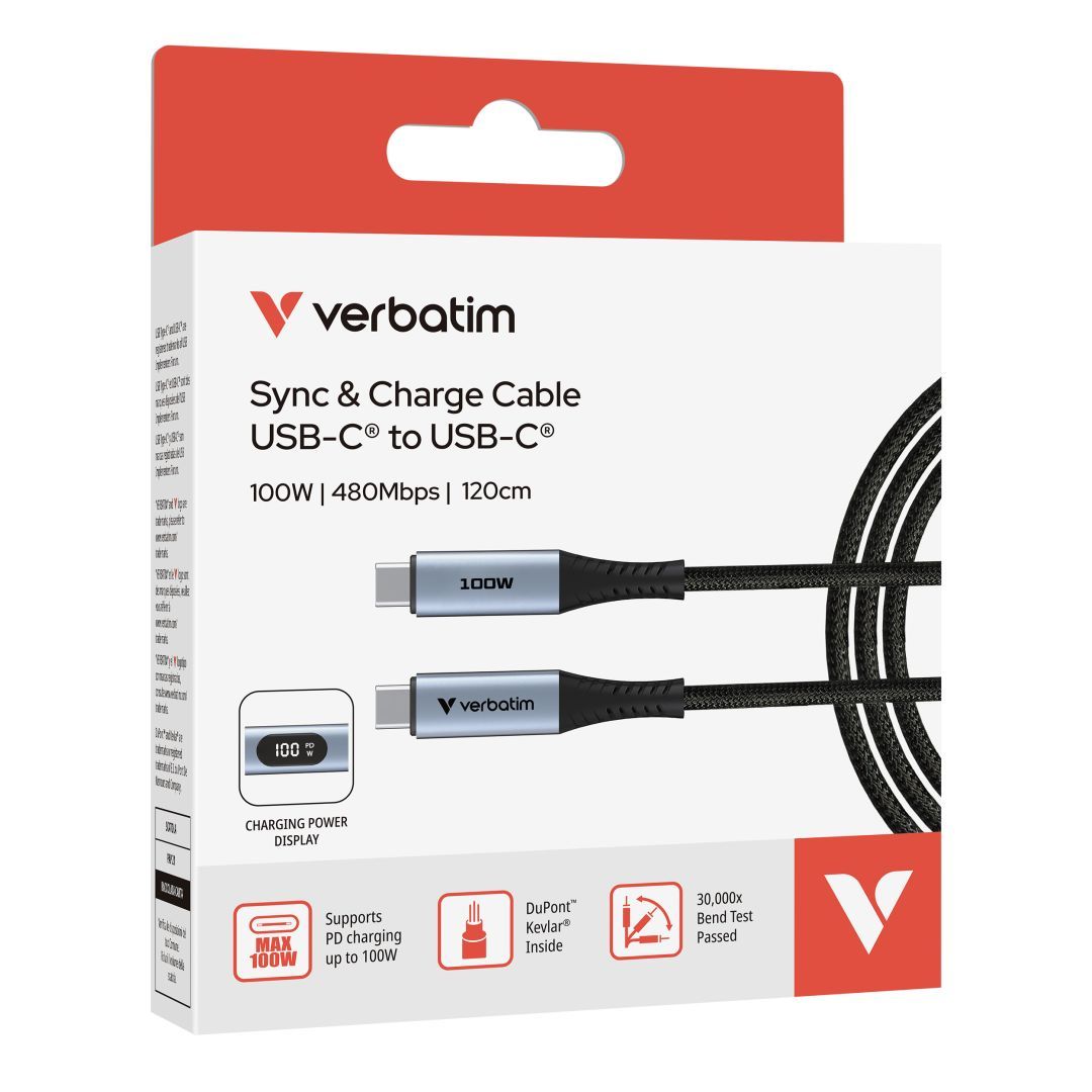Verbatim Sync & Charge 100W Cable with Power Display 1,2m Black Verbatim Sync & Charge 100W Cable with Power Display 1,2m Black