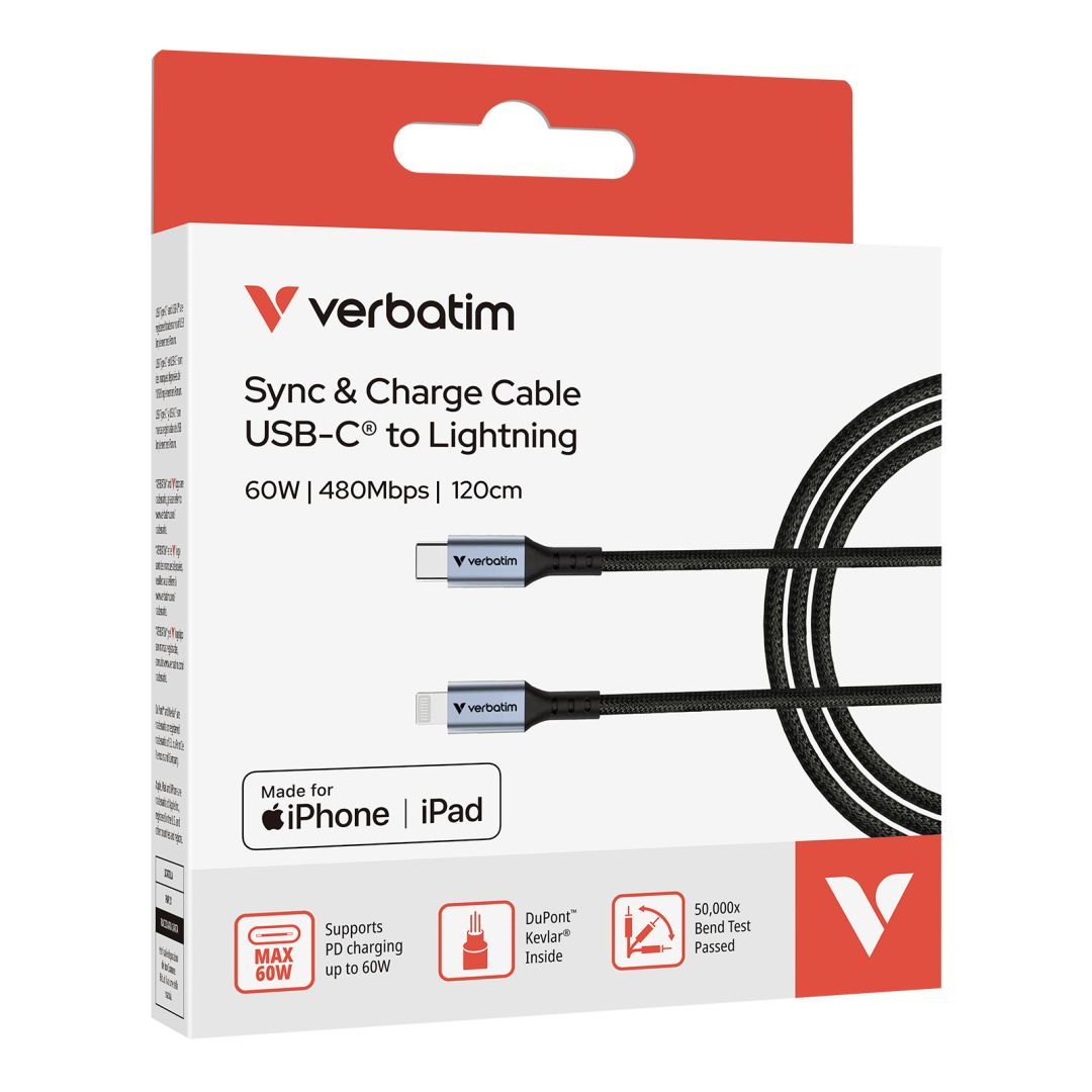 Verbatim Sync & Charge USB-C to Lightning Cable 1,2m Black Verbatim Sync & Charge USB-C to Lightning Cable 1,2m Black