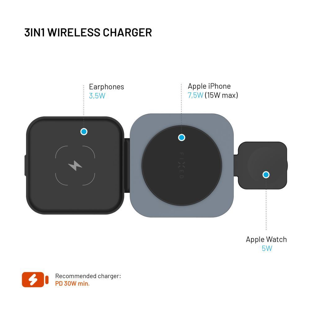 FIXED MagFlex vezeték nélküli töltő, 3 eszköz egyidejű töltése, MagSafe támogatás, szürke FIXED MagFlex vezeték nélküli töltő, 3 eszköz egyidejű töltése, MagSafe támogatás, szürke