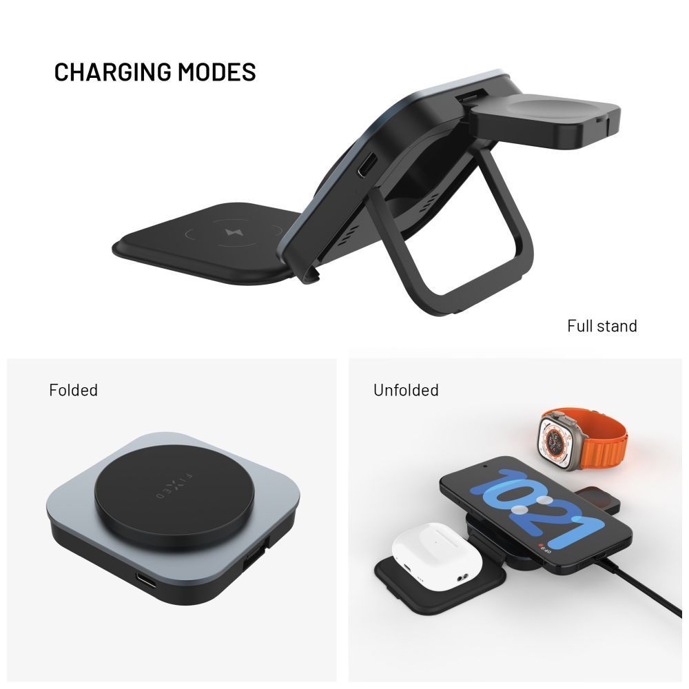FIXED MagFlex vezeték nélküli töltő, 3 eszköz egyidejű töltése, MagSafe támogatás, szürke FIXED MagFlex vezeték nélküli töltő, 3 eszköz egyidejű töltése, MagSafe támogatás, szürke