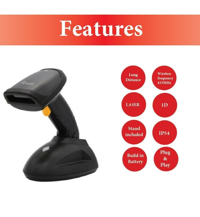 EQuip Wireless 1D Laser Barcode Scanner Long Distance with Stand Vonalkódolvasó Black EQuip Wireless 1D Laser Barcode Scanner Long Distance with Stand Vonalkódolvasó Black