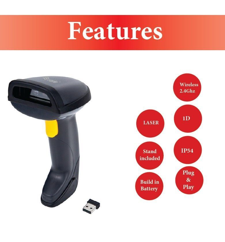 EQuip Wireless 1D Laser Barcode Scanner with Stand Vonalkódolvasó Black EQuip Wireless 1D Laser Barcode Scanner with Stand Vonalkódolvasó Black