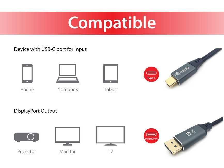 EQuip USB-C to DisplayPort 8K/60Hz cable 2m Black EQuip USB-C to DisplayPort 8K/60Hz cable 2m Black