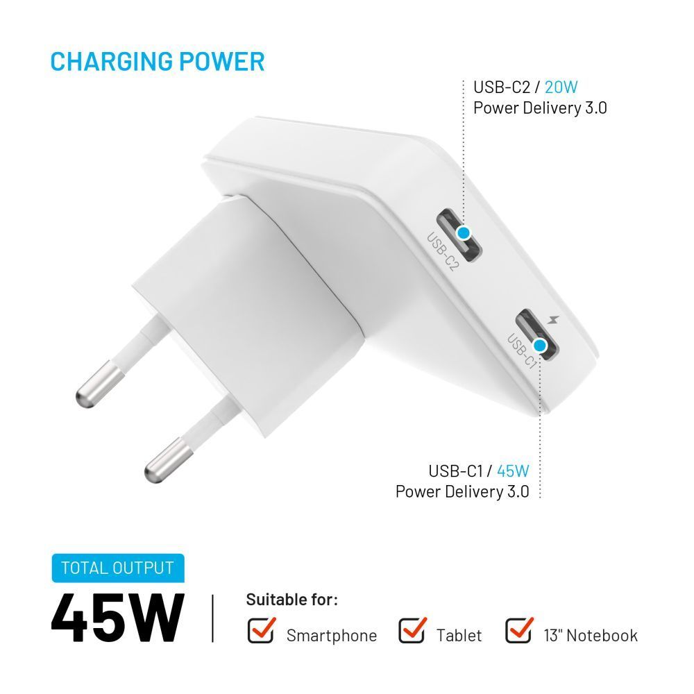 FIXED Slim Traveller 2xUSB-C utazási töltő világadapter GaN 45W, fehér FIXED Slim Traveller 2xUSB-C utazási töltő világadapter GaN 45W, fehér