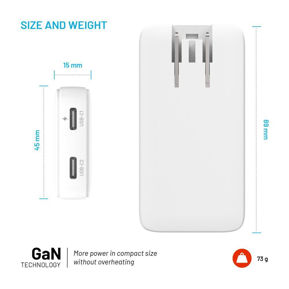FIXED Slim Traveller 2xUSB-C utazási töltő világadapter GaN 45W, fehér FIXED Slim Traveller 2xUSB-C utazási töltő világadapter GaN 45W, fehér