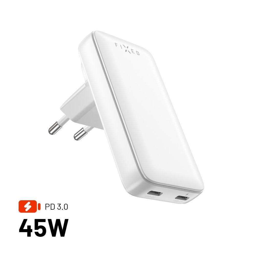 FIXED Slim Traveller 2xUSB-C utazási töltő világadapter GaN 45W, fehér FIXED Slim Traveller 2xUSB-C utazási töltő világadapter GaN 45W, fehér