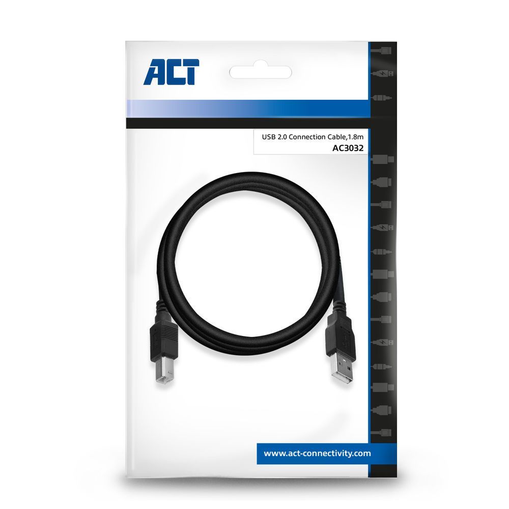 ACT AC3032 USB 2.0 connection cable A male - B male 1,8m Black ACT AC3032 USB 2.0 connection cable A male - B male 1,8m Black