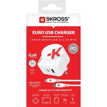 SKROSS 1xUSB-A 1xUSB-C PD 65W hálózati adapter White
