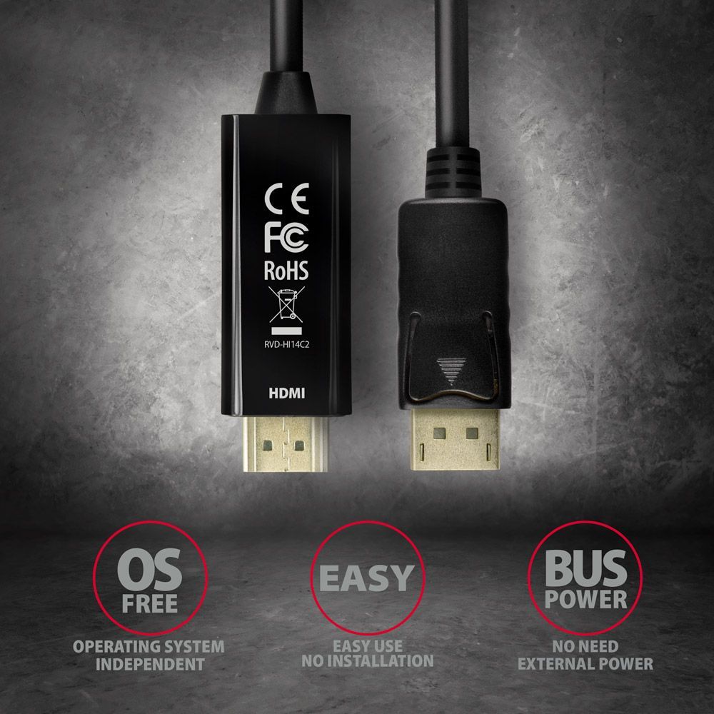AXAGON RVD-HI14C2 DisplayPort to HDMI active cable 4K@30Hz 1,8m Black AXAGON RVD-HI14C2 DisplayPort to HDMI active cable 4K@30Hz 1,8m Black