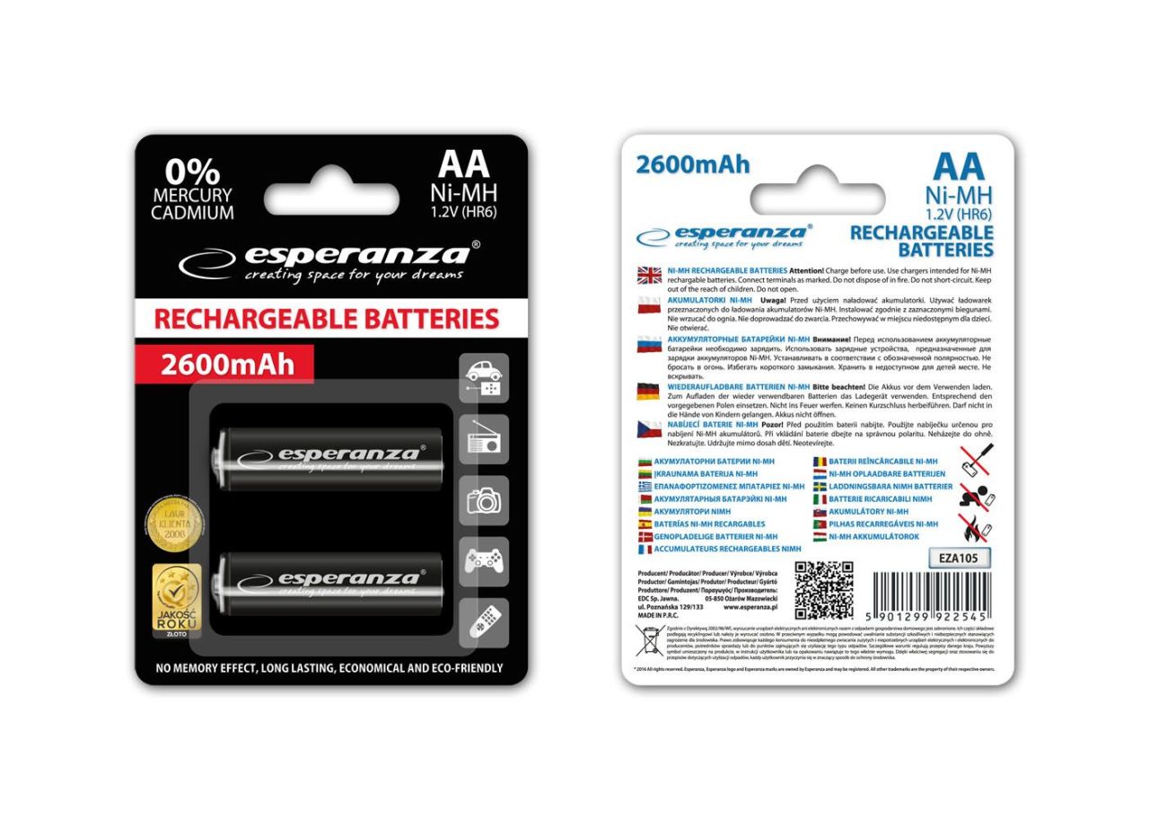 Esperanza 2600mAh AA Ni-MH akkumulátor 2db/csomag Black Esperanza 2600mAh AA Ni-MH akkumulátor 2db/csomag Black