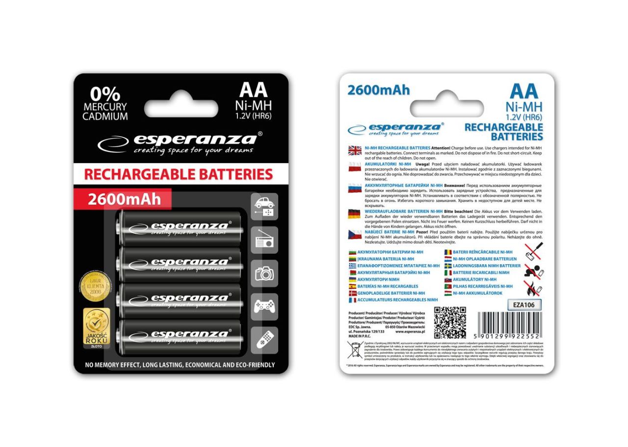 Esperanza 2600mAh AA Ni-MH akkumulátor 4db/csomag Black Esperanza 2600mAh AA Ni-MH akkumulátor 4db/csomag Black