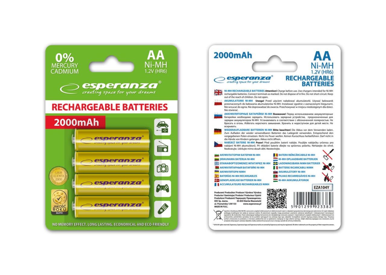 Esperanza 2000mAh AA Ni-MH akkumulátor 4db/csomag Yellow Esperanza 2000mAh AA Ni-MH akkumulátor 4db/csomag Yellow