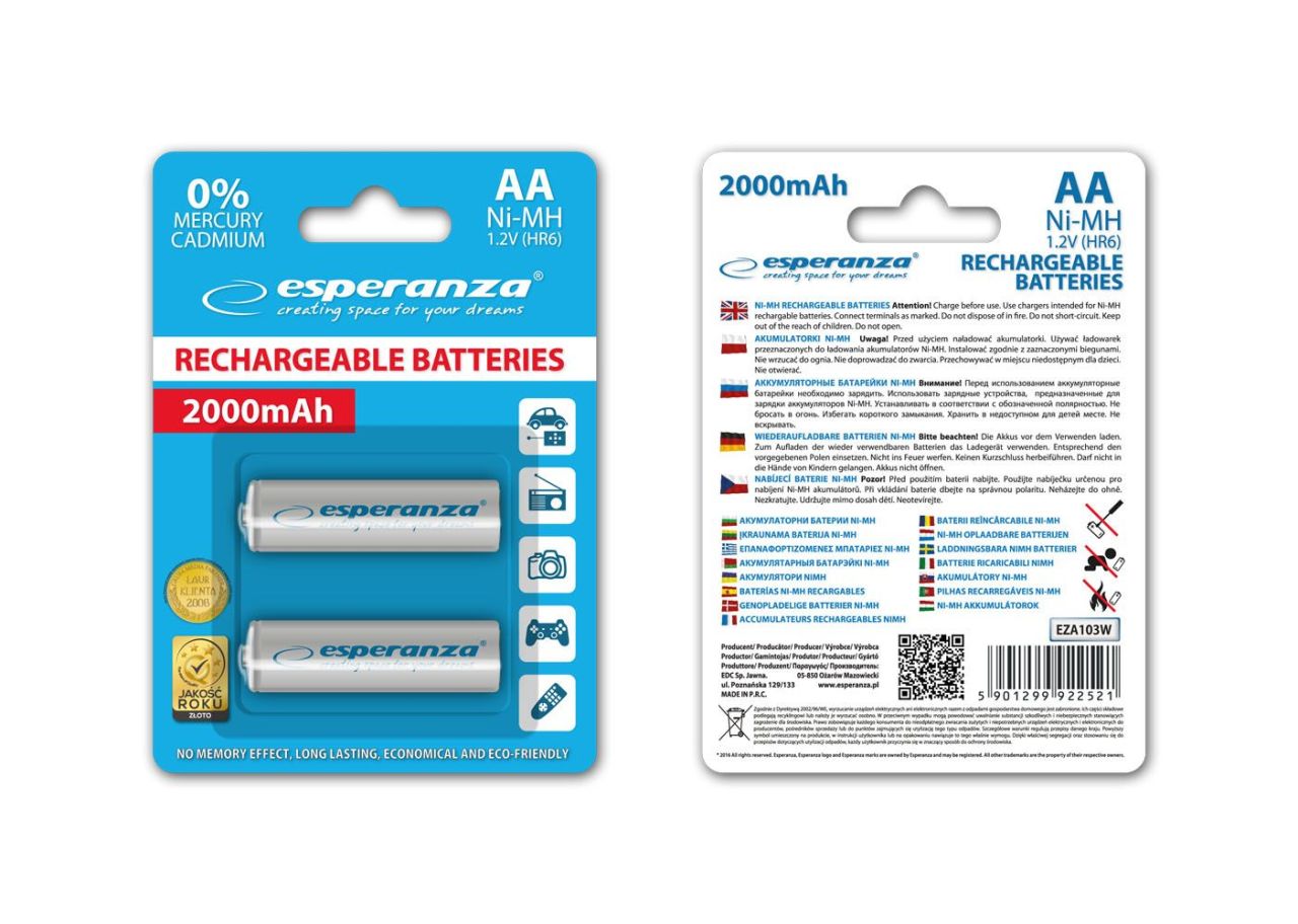 Esperanza 2000mAh AA Ni-MH akkumulátor 2db/csomag White Esperanza 2000mAh AA Ni-MH akkumulátor 2db/csomag White