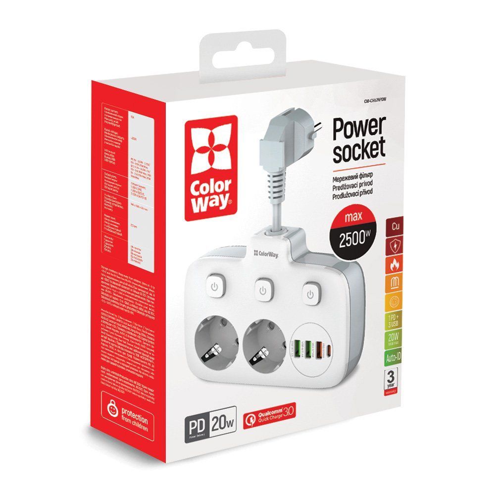 ColorWay Hálózati Elosztó Kapcsolóval 2DIN White ColorWay Hálózati Elosztó Kapcsolóval 2DIN White