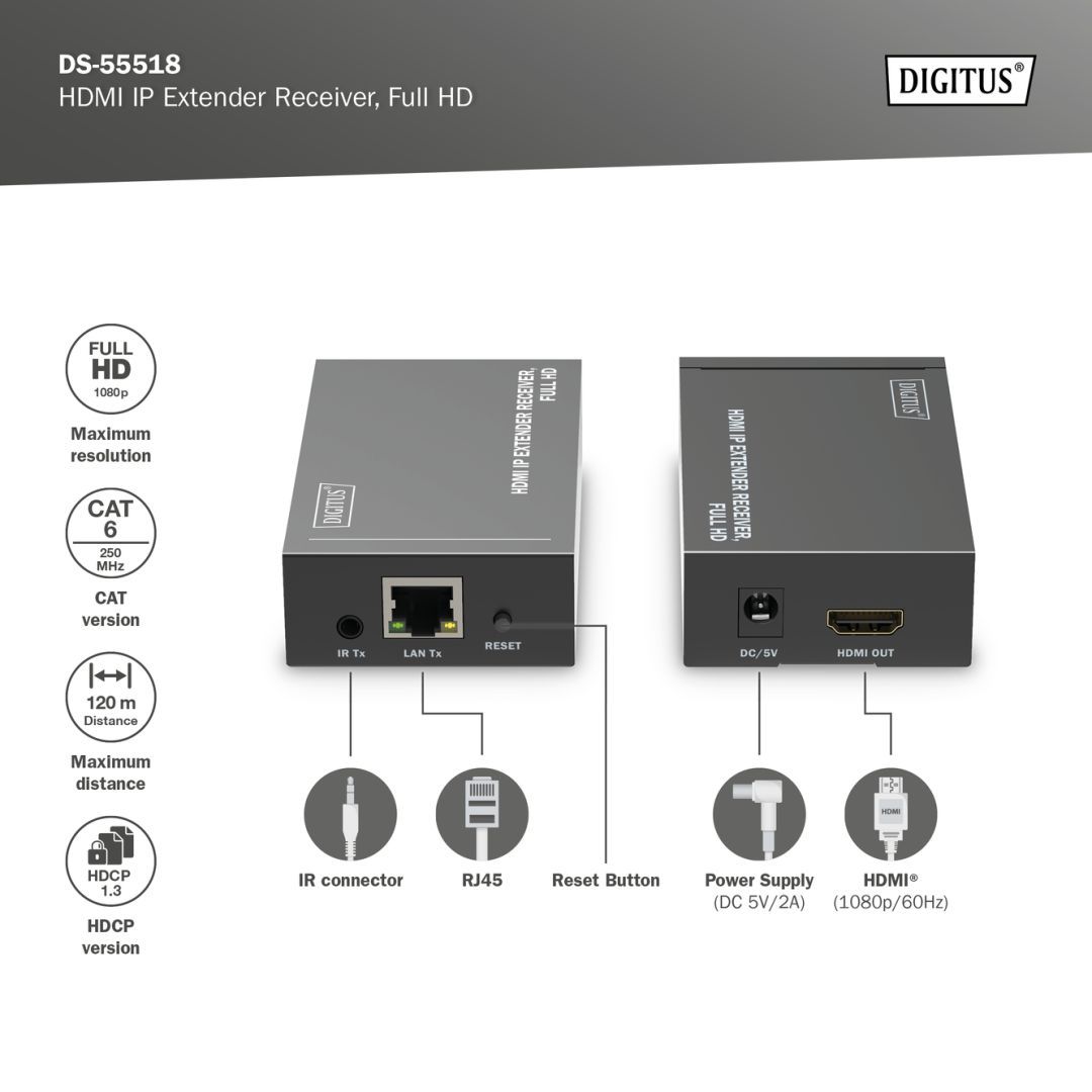 Digitus DS-55518 HDMI IP Video Extender Receiver Unit for DS-55517 Digitus DS-55518 HDMI IP Video Extender Receiver Unit for DS-55517
