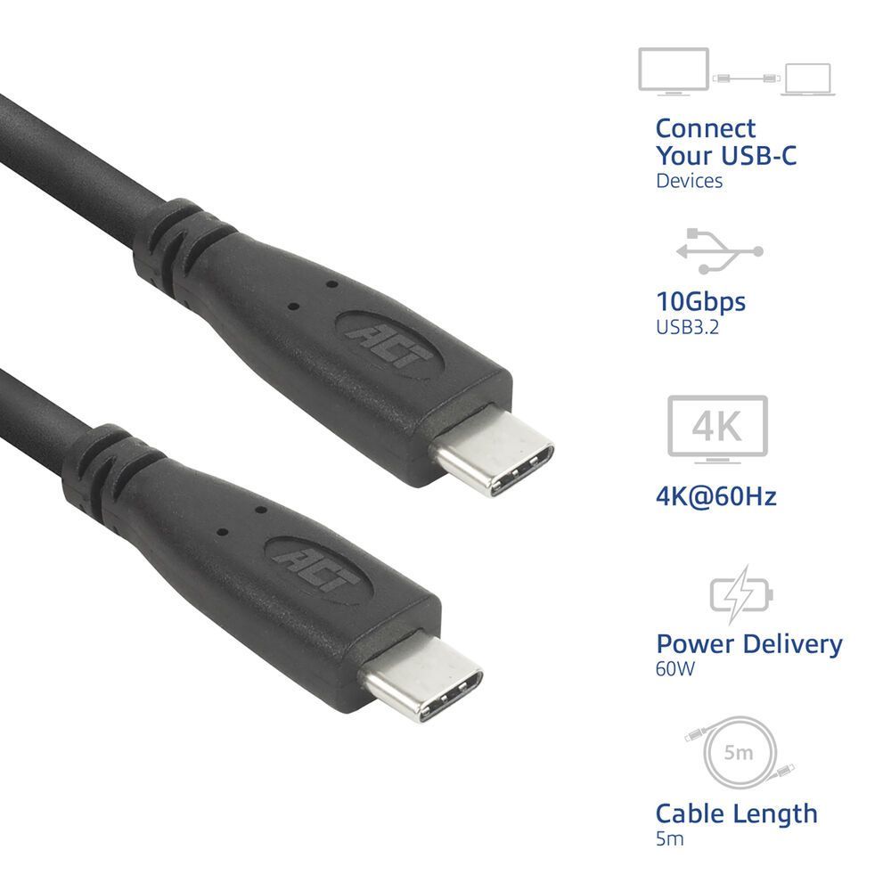 ACT USB-C to USB-C cable 5m Black ACT USB-C to USB-C cable 5m Black