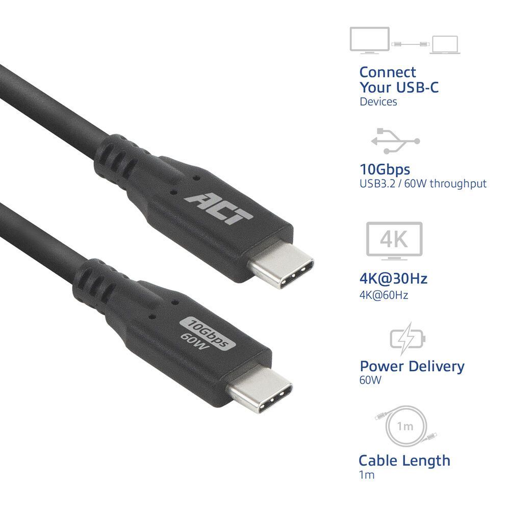 ACT USB-C to USB-C cable 1m Black ACT USB-C to USB-C cable 1m Black