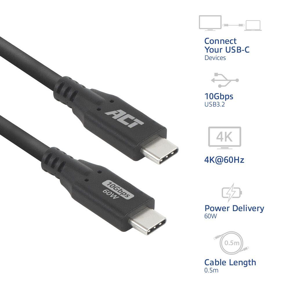 ACT USB-C to USB-C cable 0,5m Black ACT USB-C to USB-C cable 0,5m Black