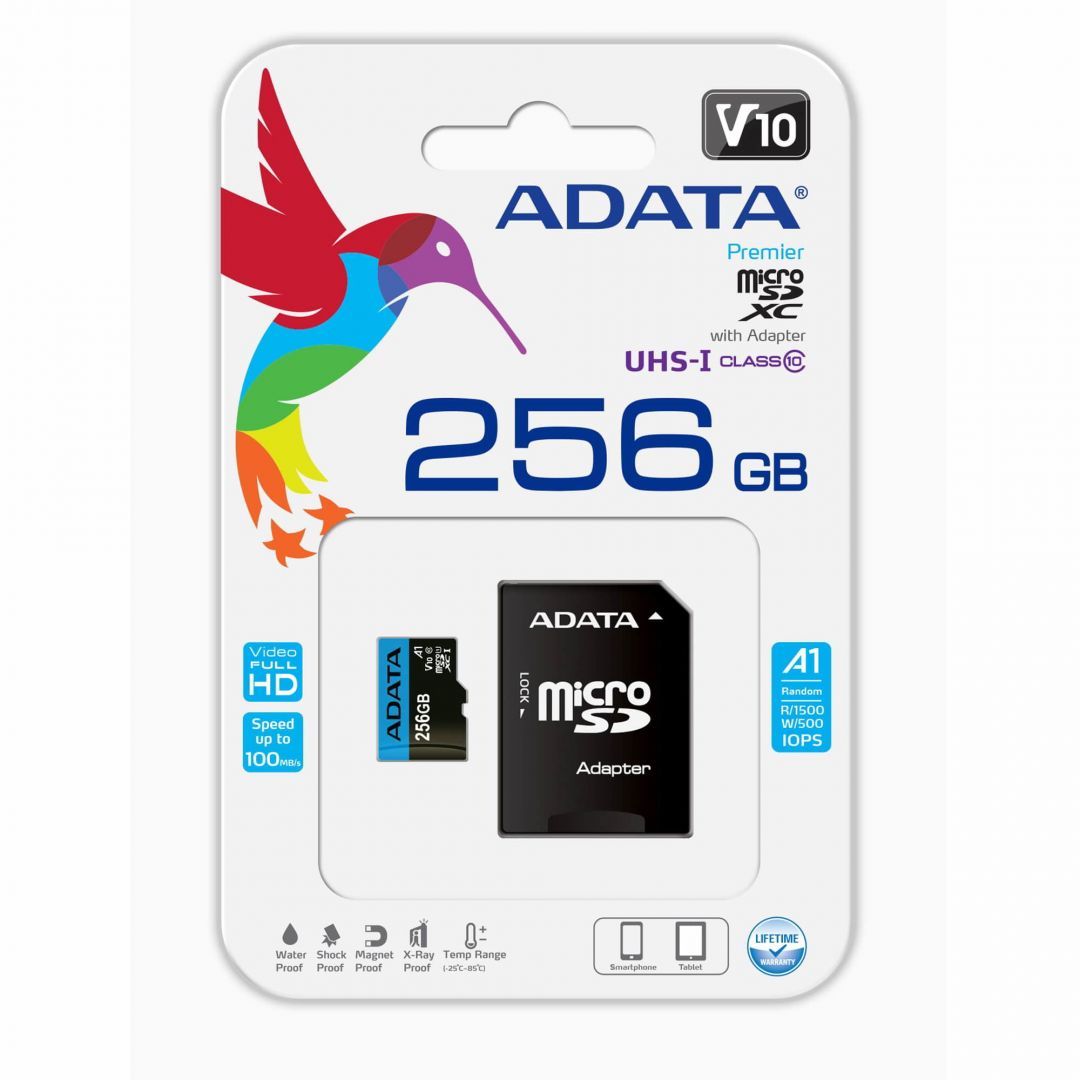 A-Data 256GB microSDXC Premier UHS-I Class10 V10 A1 + adapterrel A-Data 256GB microSDXC Premier UHS-I Class10 V10 A1 + adapterrel