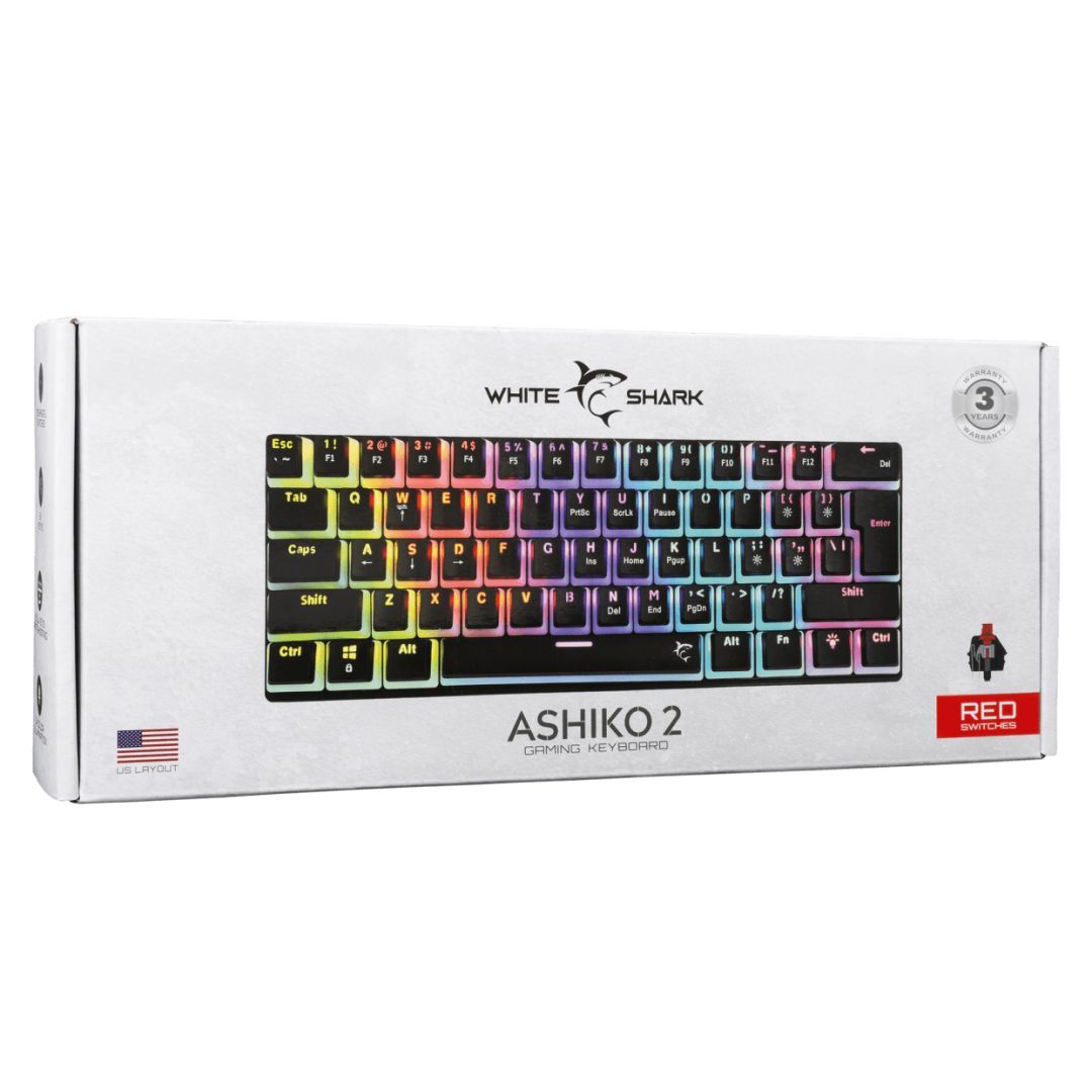 White Shark Ashiko 2 Red Switches Mechanical 60% Gaming Keyboard Black US