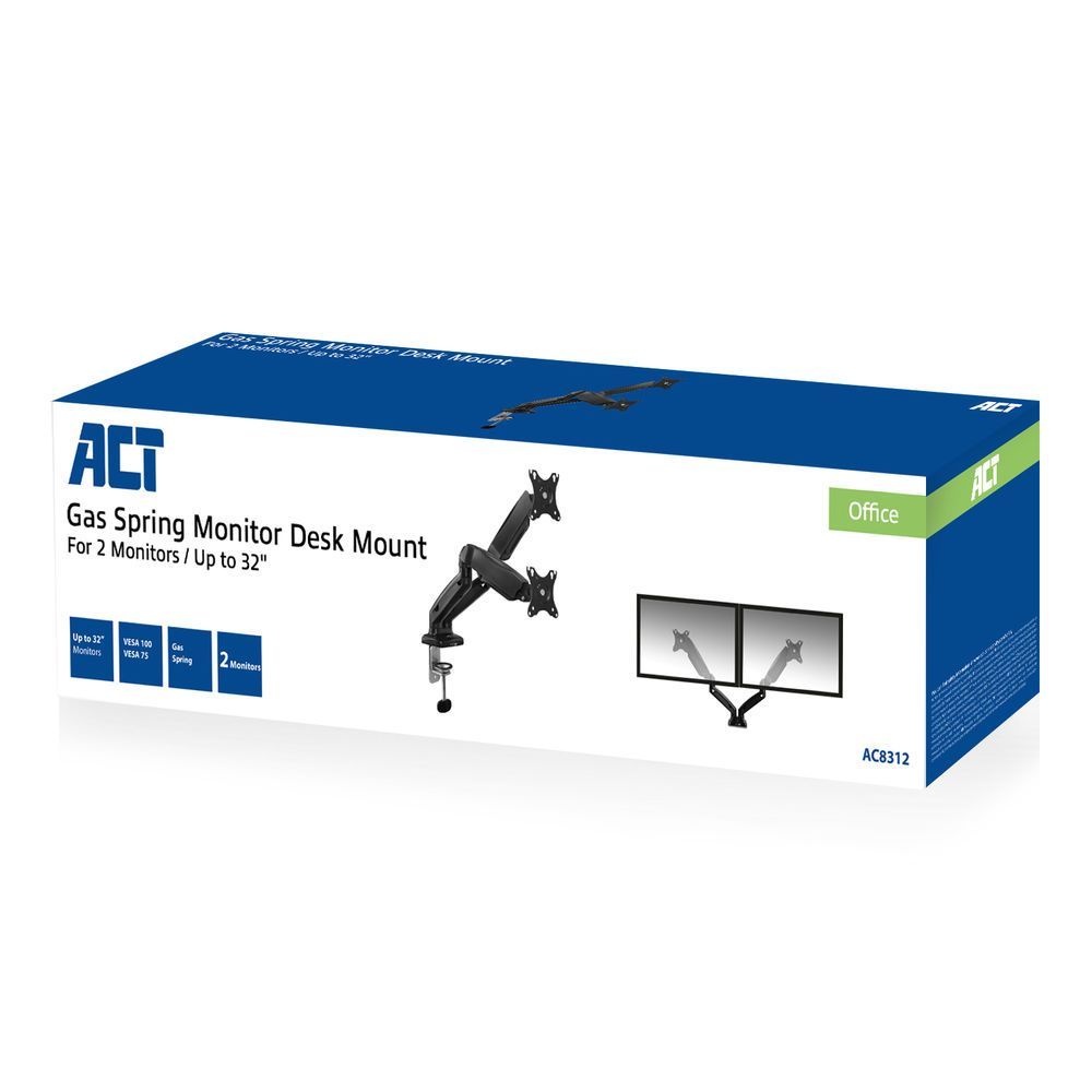 ACT AC8312 Gas Spring Dual Monitor Arm Office 13"-32" Black ACT AC8312 Gas Spring Dual Monitor Arm Office 13"-32" Black