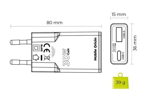 Mobile Origin MO16 USB-A + USB-C GaN 30W Slim Charger