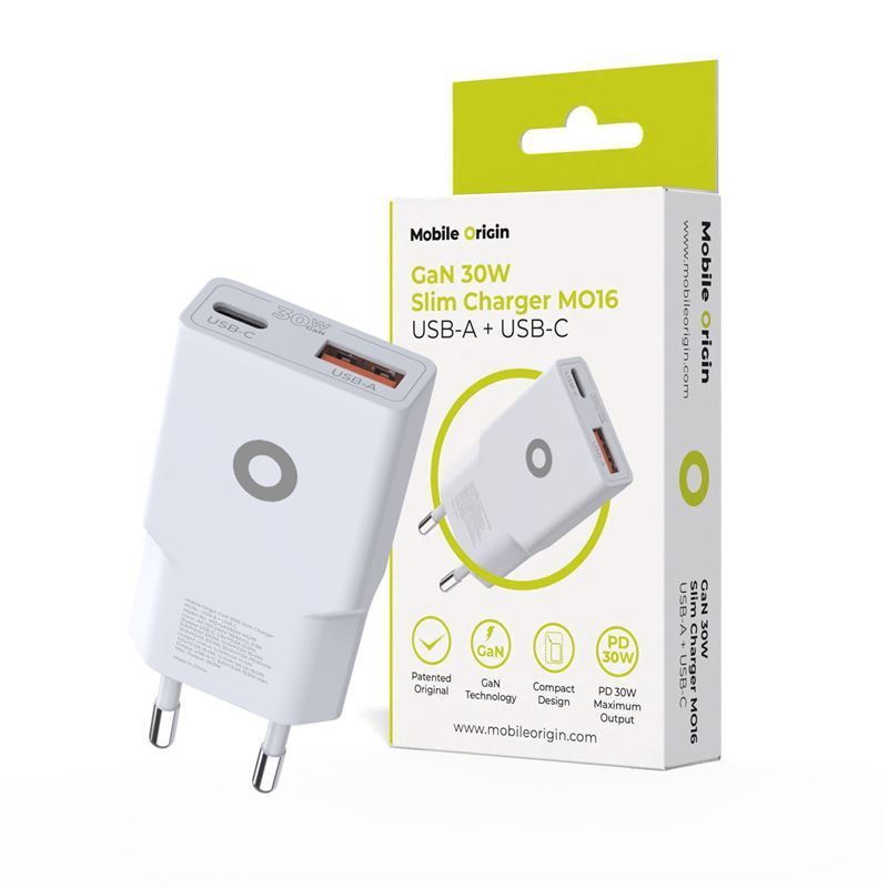 Mobile Origin MO16 USB-A + USB-C GaN 30W Slim Charger