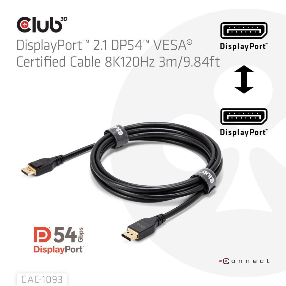 Club3D DisplayPort 2.1 DP54 VESA Certified Cable 8K120Hz 3m Black Club3D DisplayPort 2.1 DP54 VESA Certified Cable 8K120Hz 3m Black