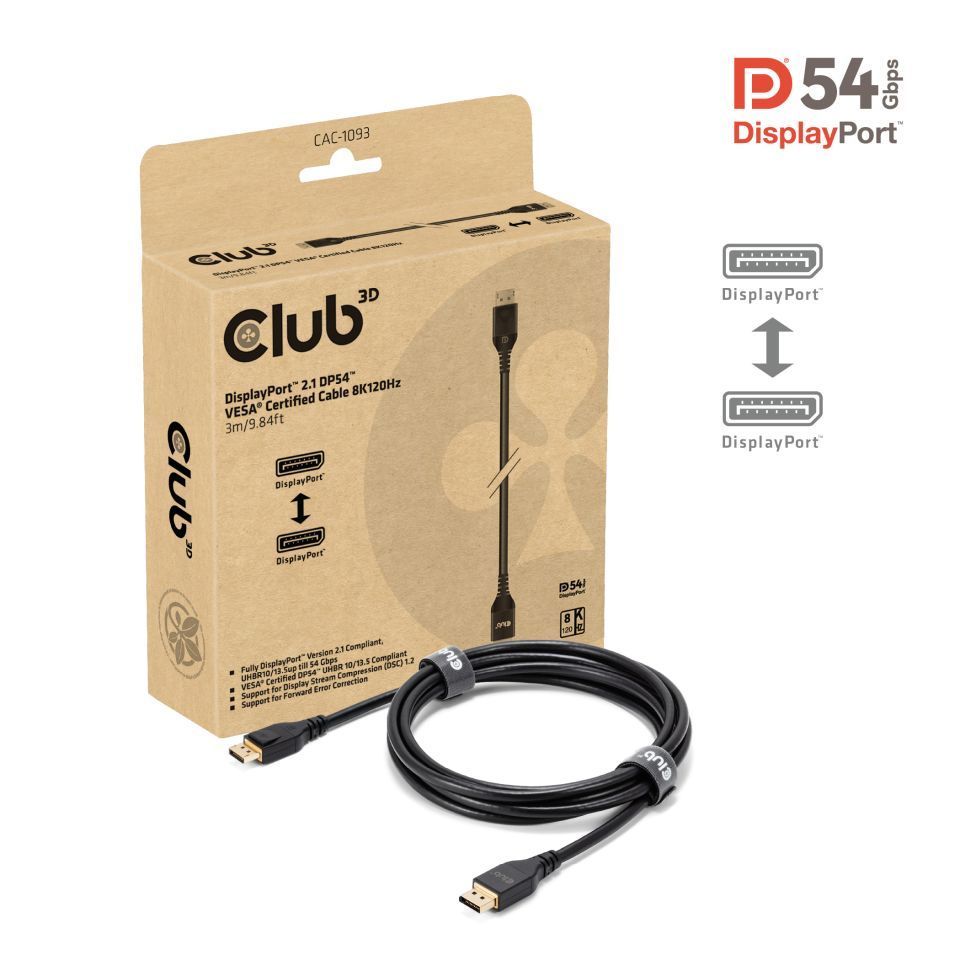 Club3D DisplayPort 2.1 DP54 VESA Certified Cable 8K120Hz 3m Black Club3D DisplayPort 2.1 DP54 VESA Certified Cable 8K120Hz 3m Black
