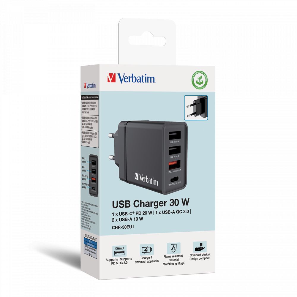 Verbatim 30W 4-Port USB Wall Charger Black Verbatim 30W 4-Port USB Wall Charger Black
